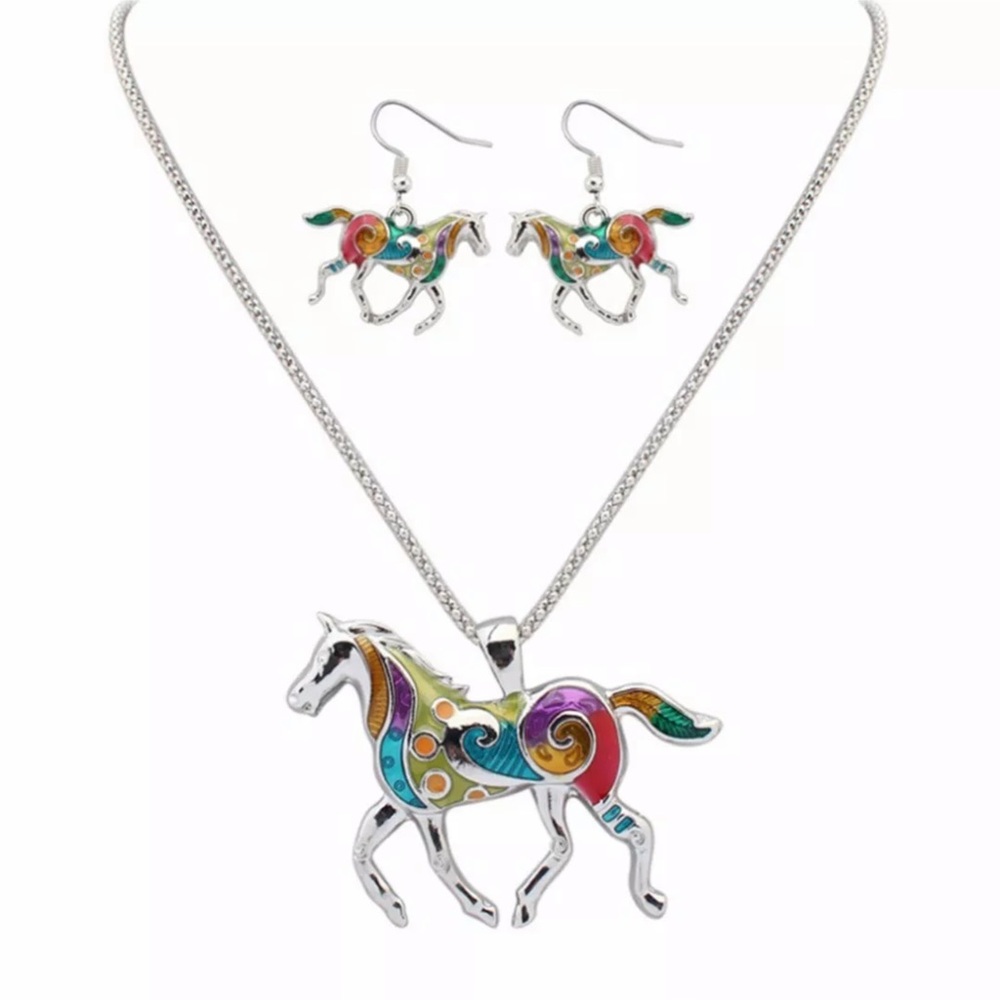 Silver set horse art work necklace & earrings - Picture 2 of 3